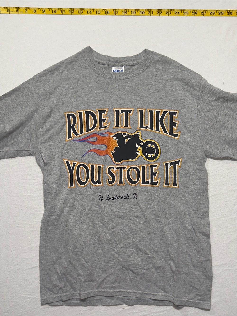 Gildan Gray Motorcycle Graphic Tee with Orange & Purple Flames